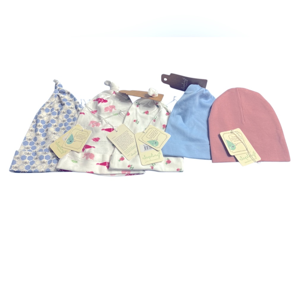 Sapling 5pack hats 100% organic cotton mix size0-3 m &  3 to 6 months